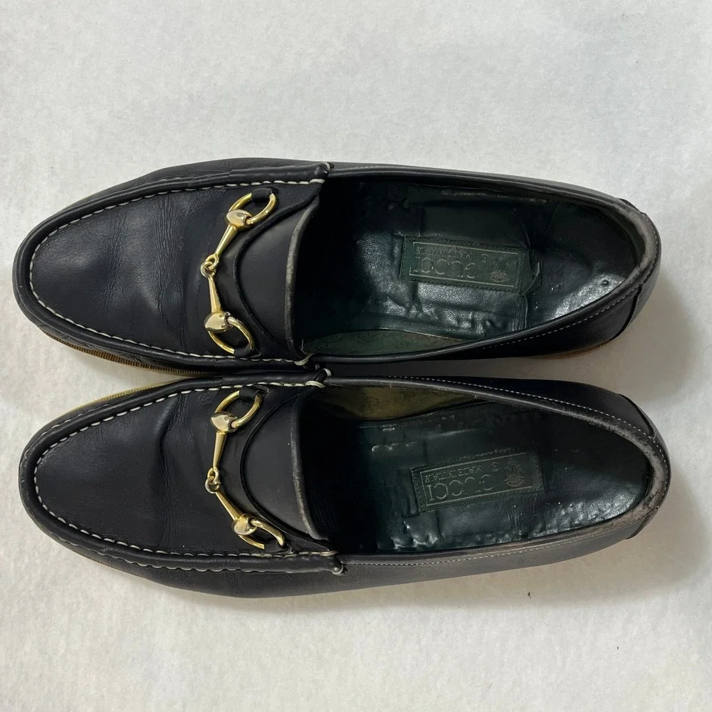Gucci Horsebit Loafers Mens EU43 Black Leather Made Italy Rubber Sole Vintage